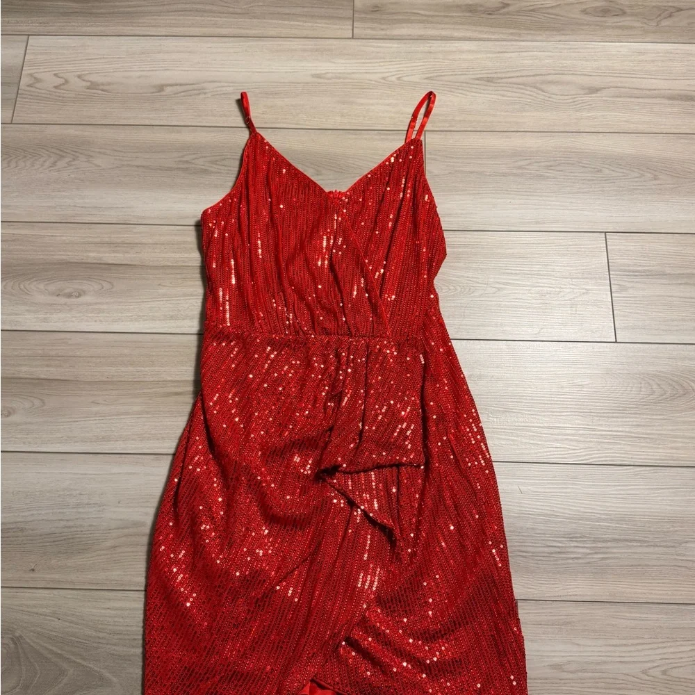 Grace Karin Red Sequin Wrap Cocktail Dress XL Holiday Party Ruffle Mini - Picture 3 of 7
